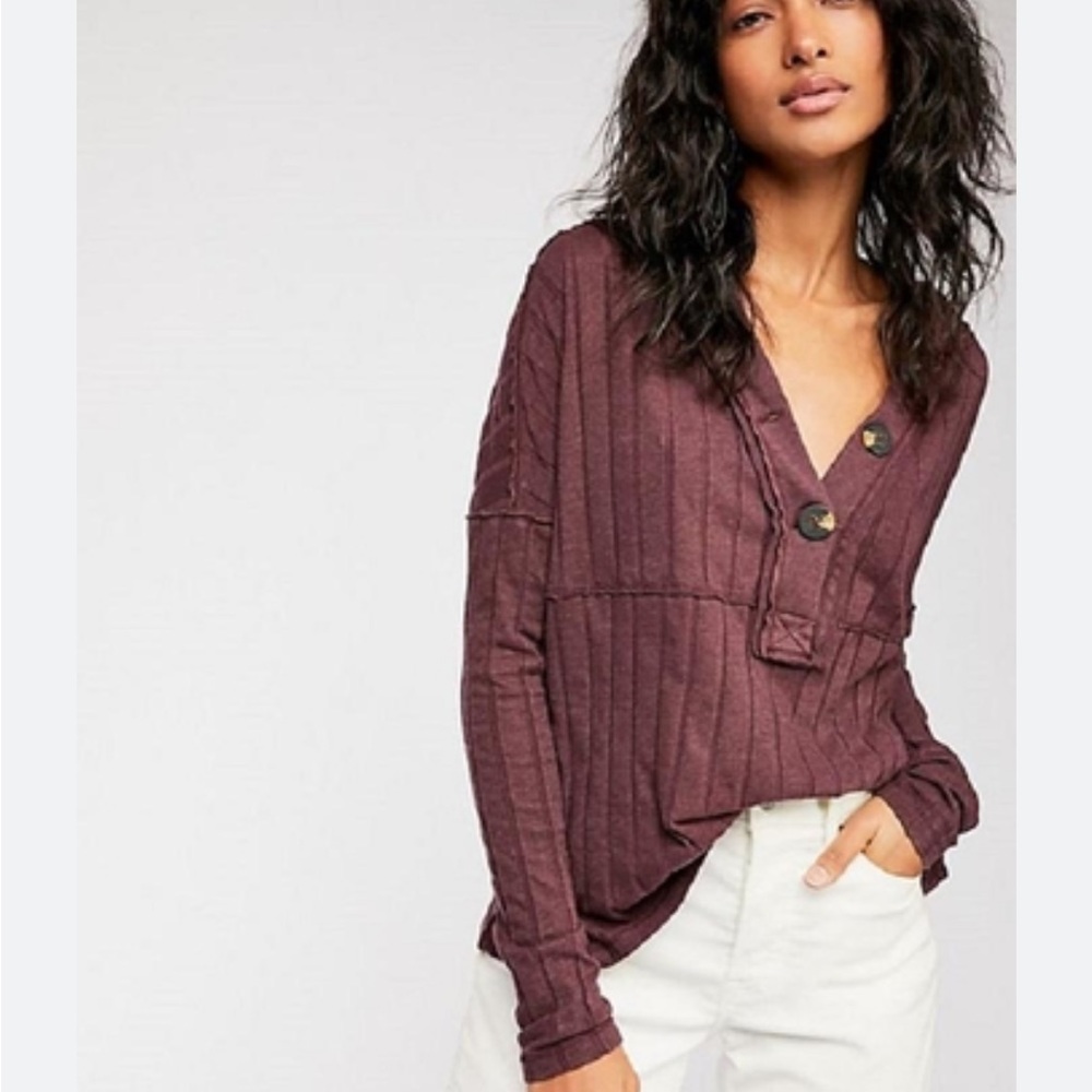 Free People OB902813 Cotton Henley buttons top long sleeve ribbed